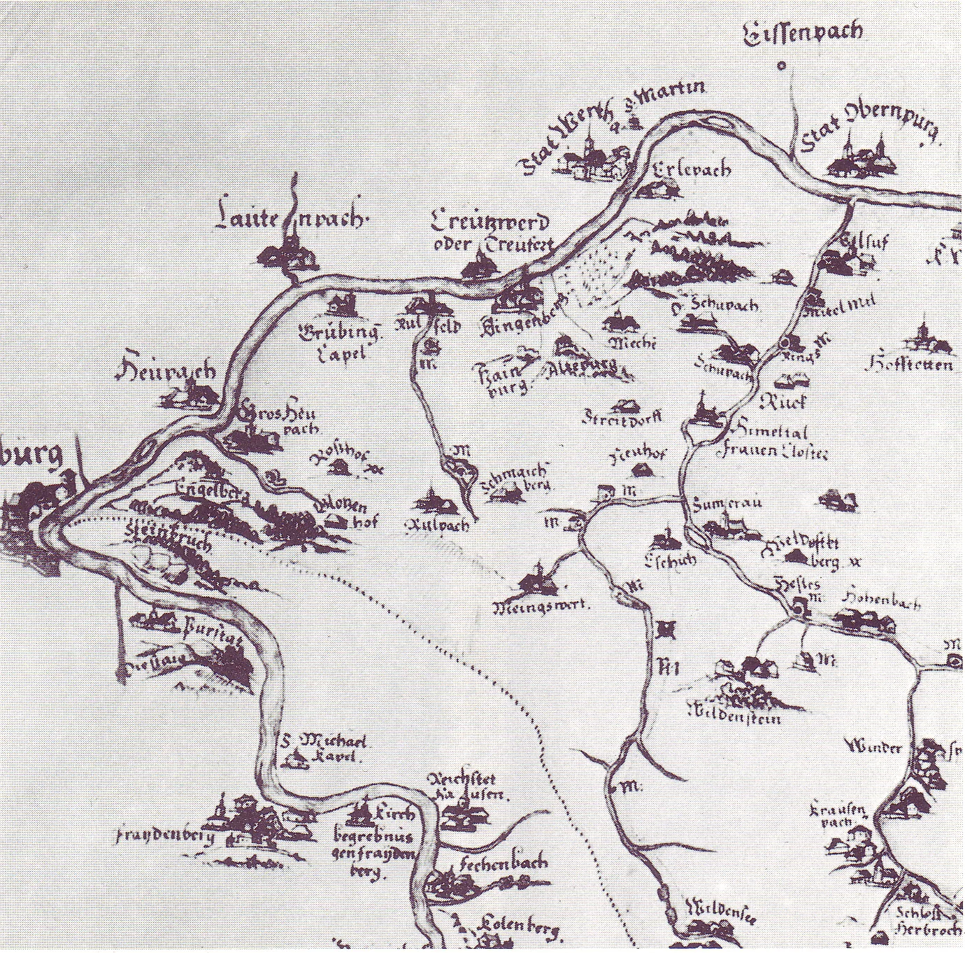 Miltenberg (am linken Bildrand) in der Karte des Spessarts von Paul Pfinzing von 1594 (Norden ist rechts)